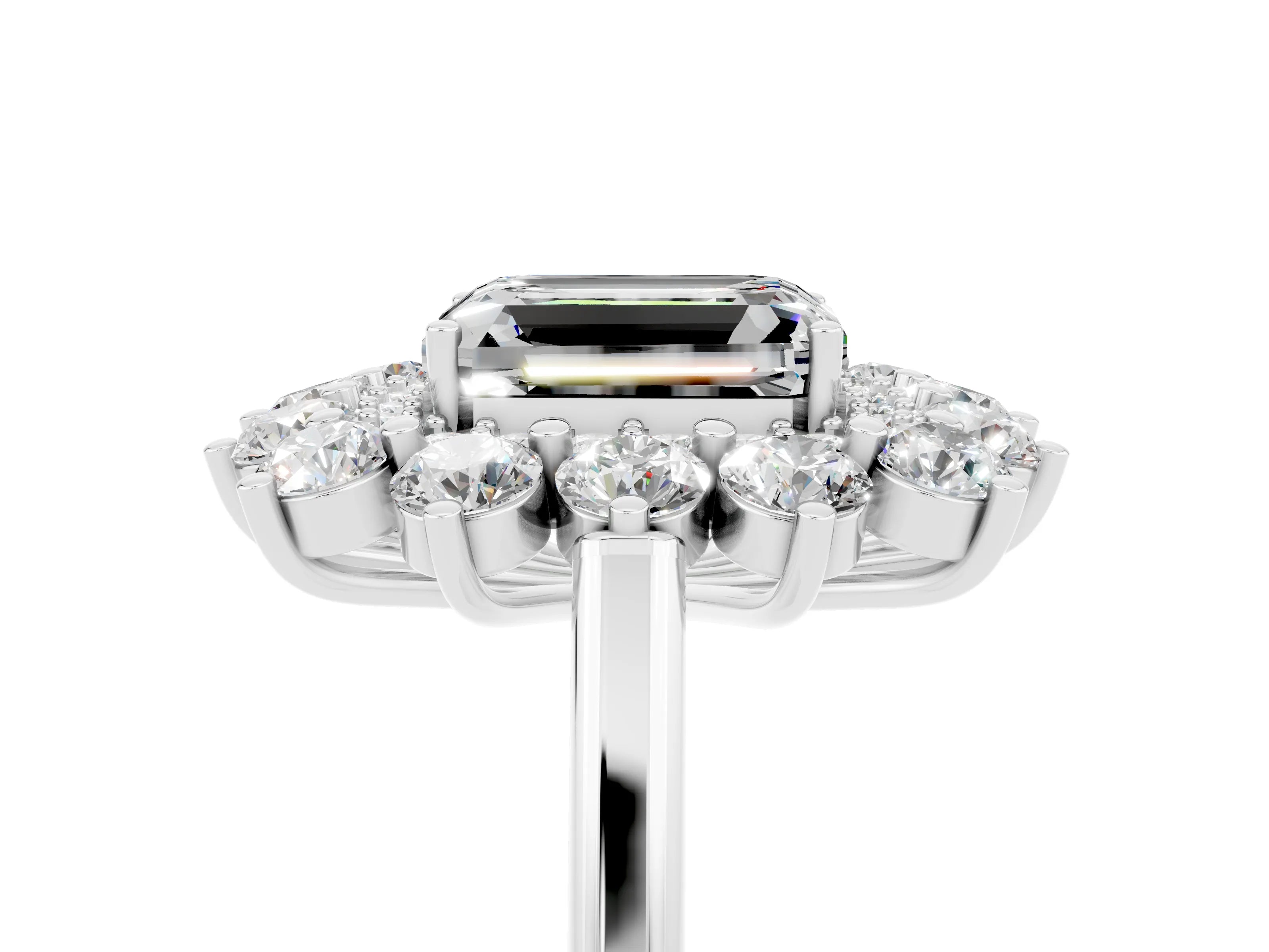 White gold Emerald Cut Halo Cluster Diamond Ring with Pave Band and Four-Prong Setting_5