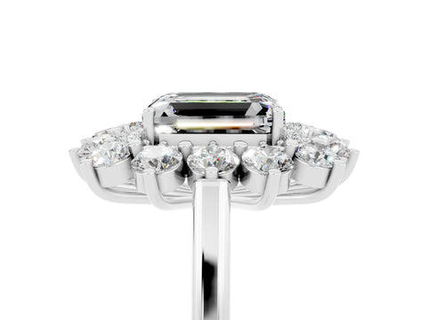 White gold Emerald Cut Halo Cluster Diamond Ring with Pave Band and Four-Prong Setting_5