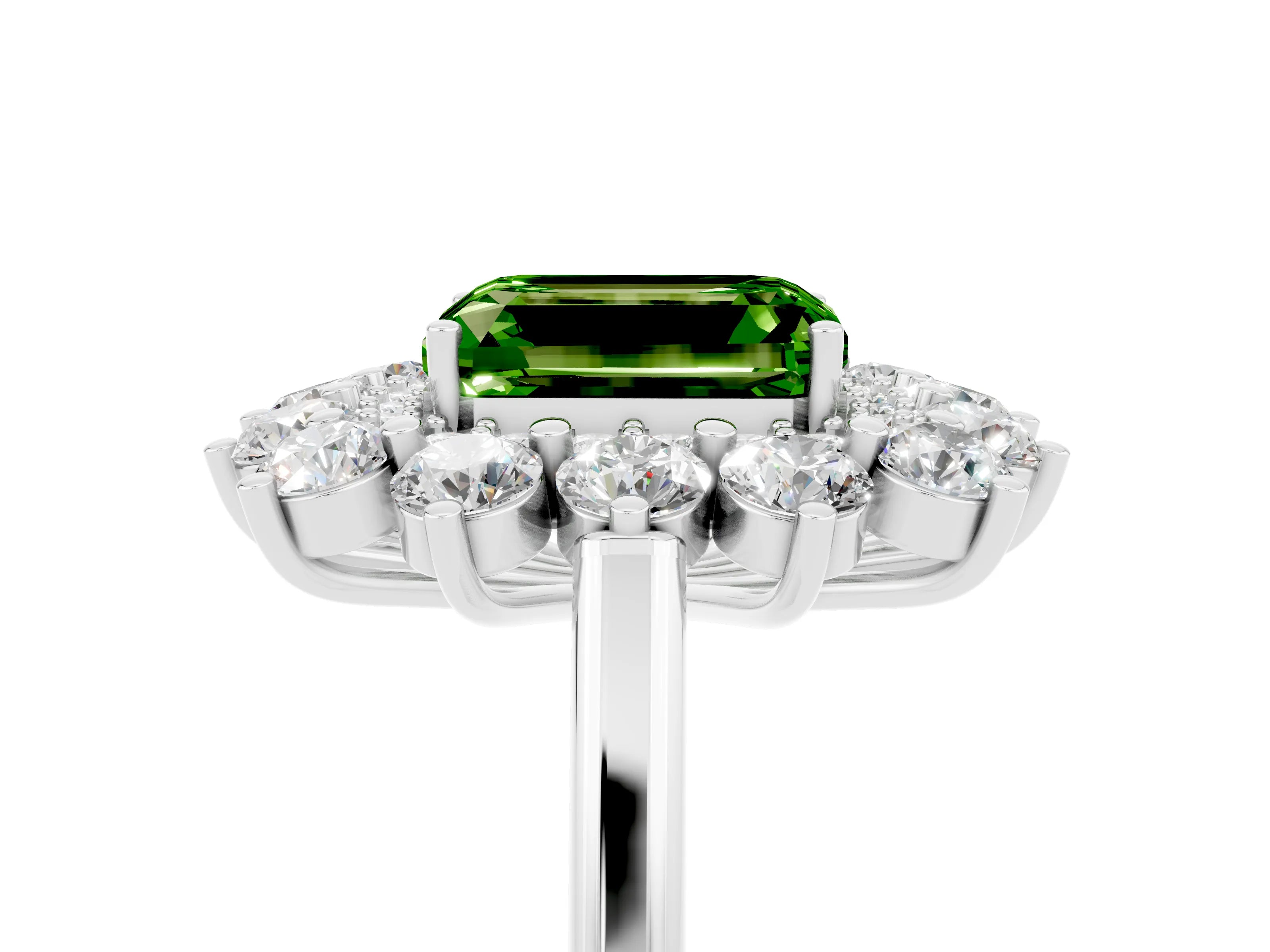 White gold Emerald Cut Halo Cluster Diamond Ring with Pave Band and Four-Prong Setting_5