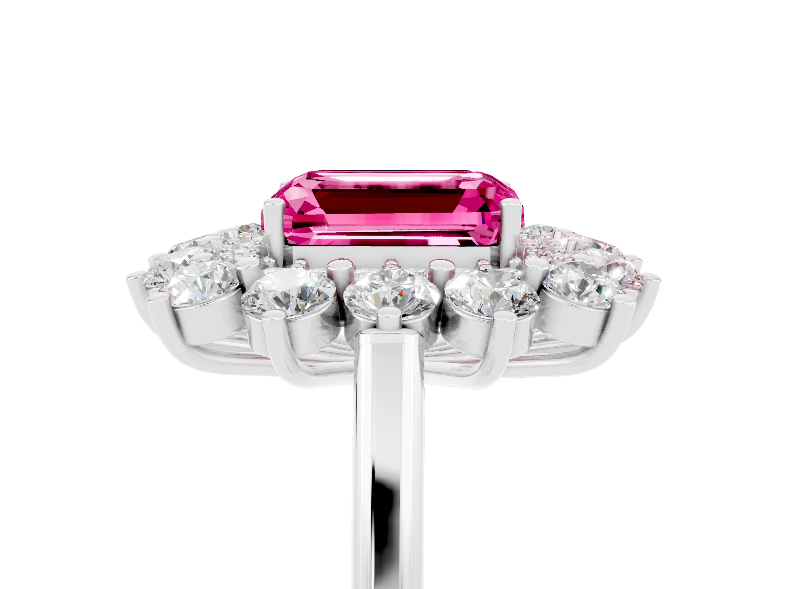 White gold Emerald Cut Halo Cluster Diamond Ring with Pave Band and Four-Prong Setting_5