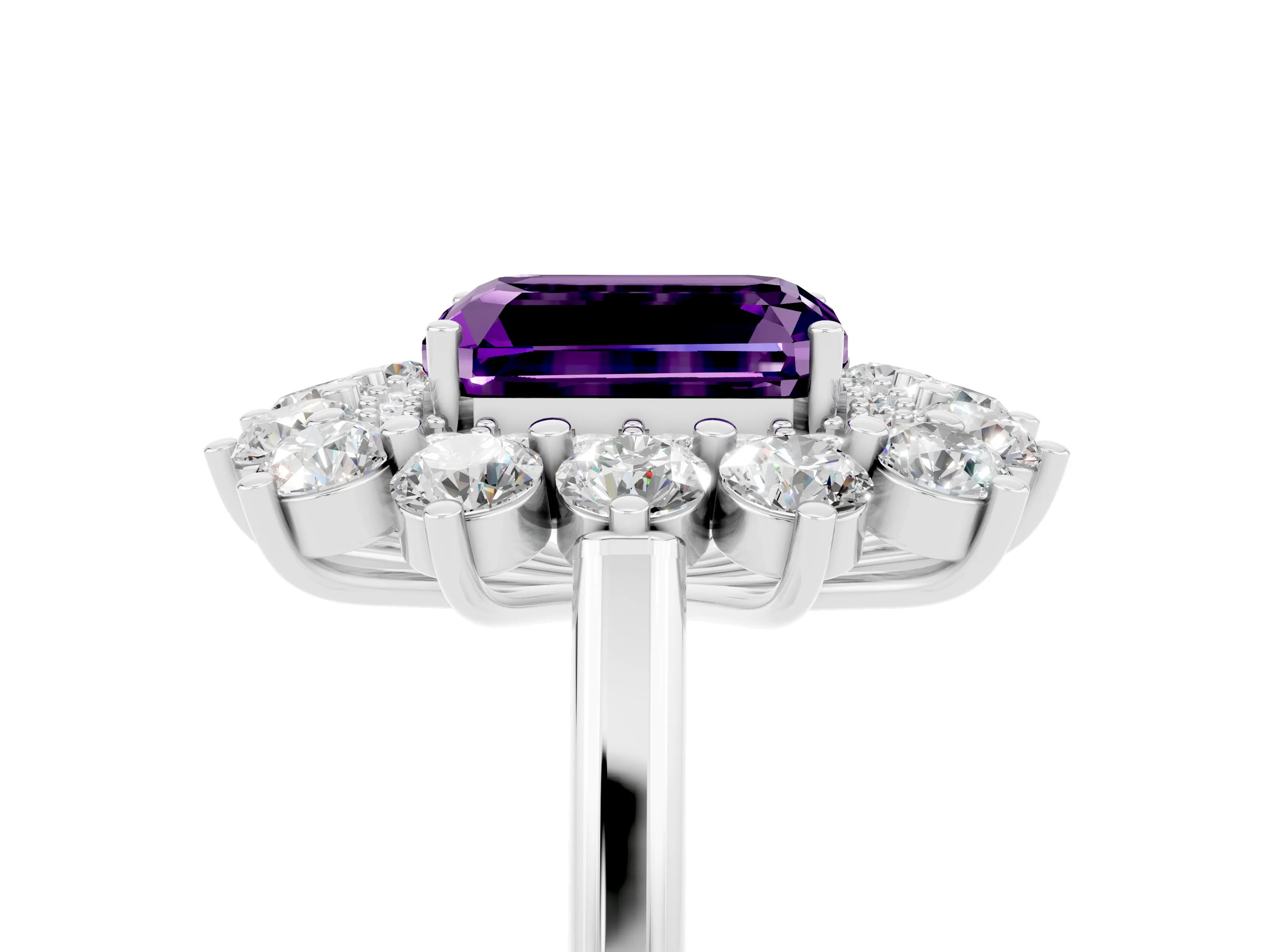 White gold Emerald Cut Halo Cluster Diamond Ring with Pave Band and Four-Prong Setting_5