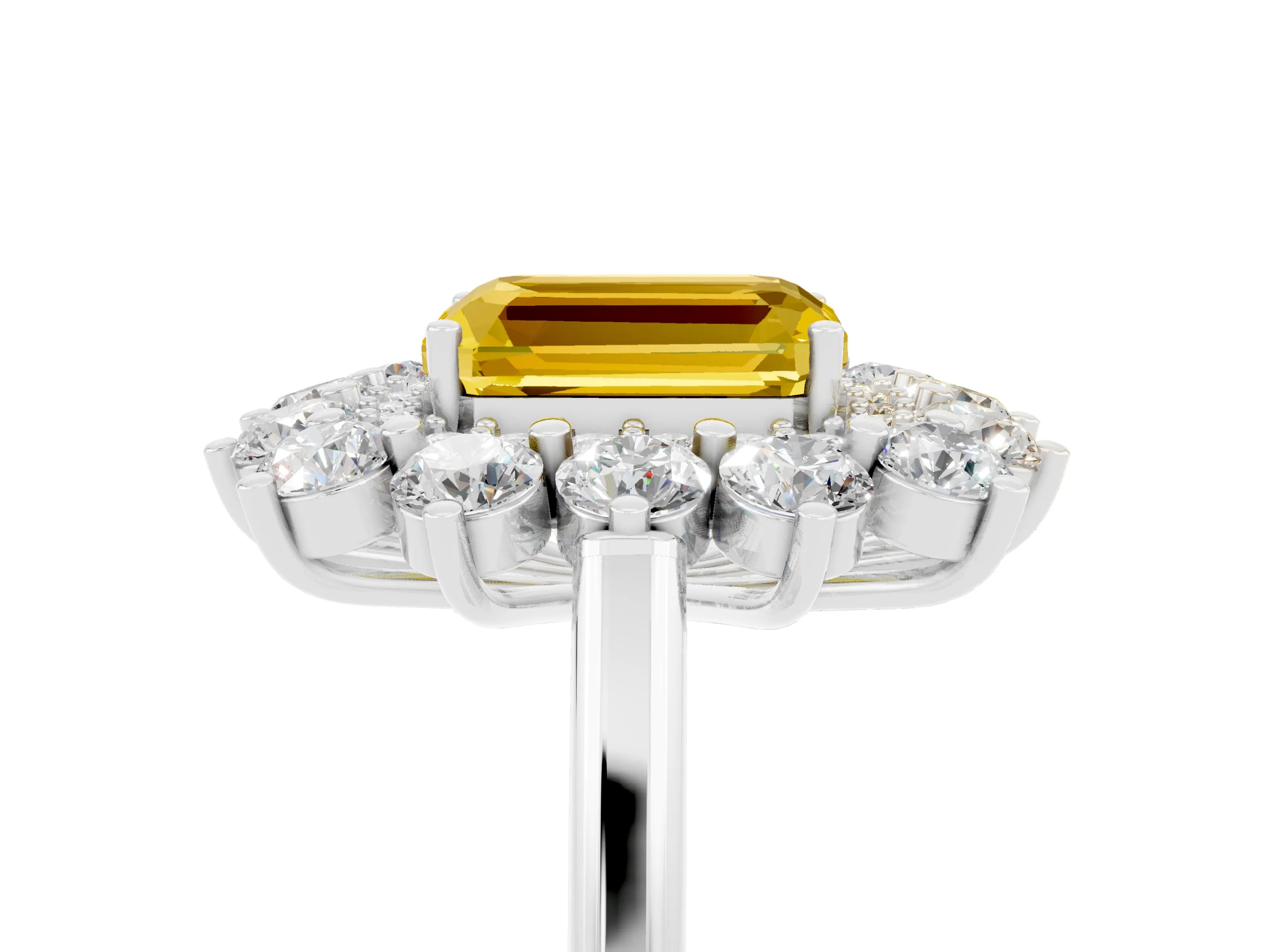White gold Emerald Cut Halo Cluster Diamond Ring with Pave Band and Four-Prong Setting_5