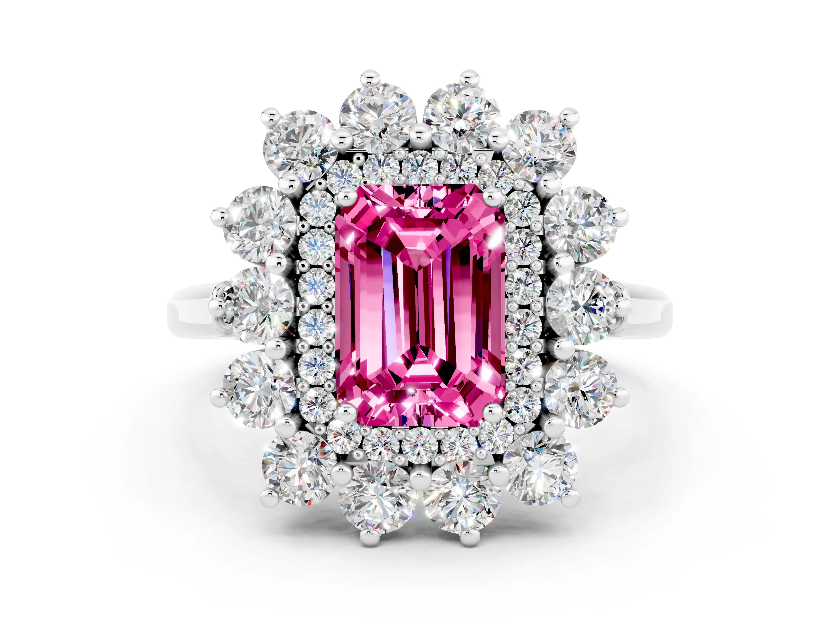 White gold Emerald Cut Halo Cluster Diamond Ring with Pave Band and Four-Prong Setting