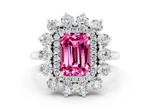 White gold Emerald Cut Halo Cluster Diamond Ring with Pave Band and Four-Prong Setting