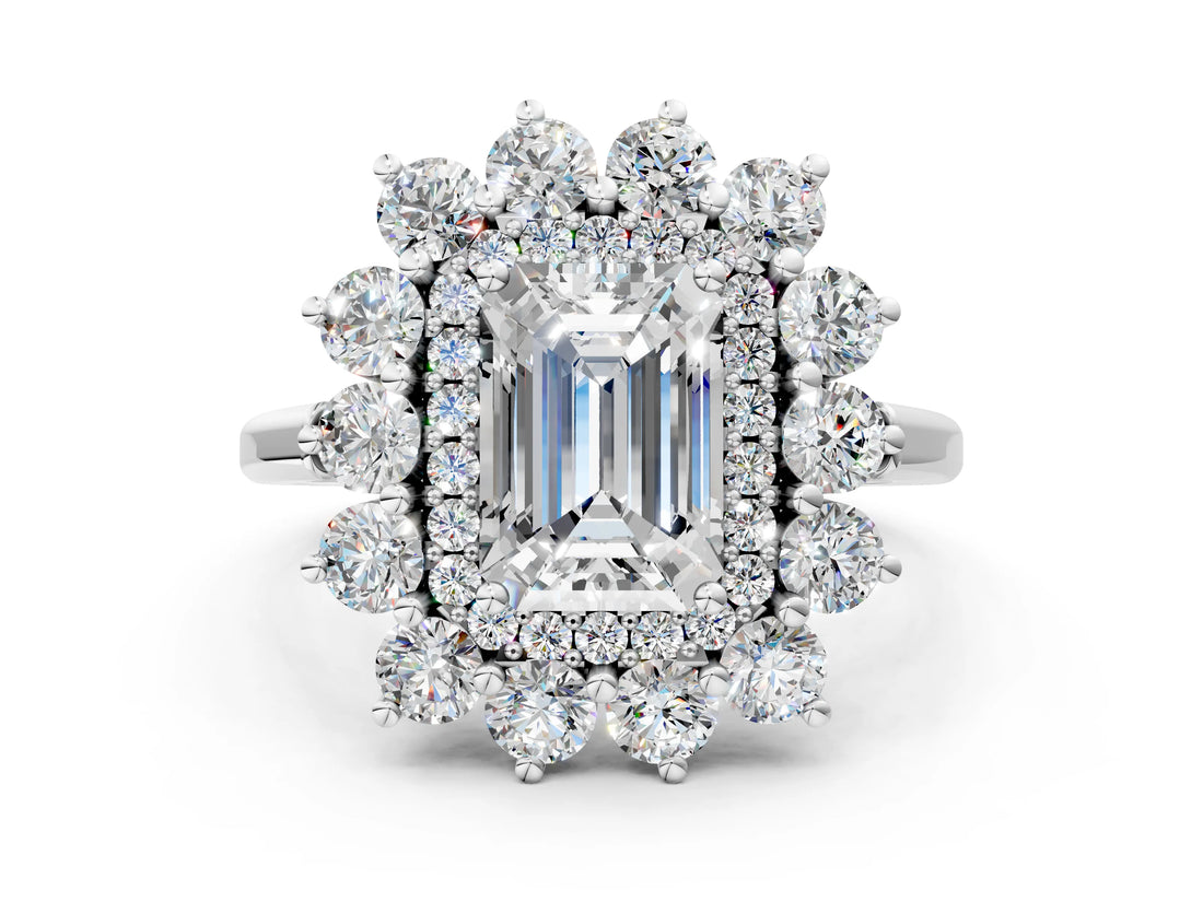 White gold Emerald Cut Halo Cluster Diamond Ring with Pave Band and Four-Prong Setting_7