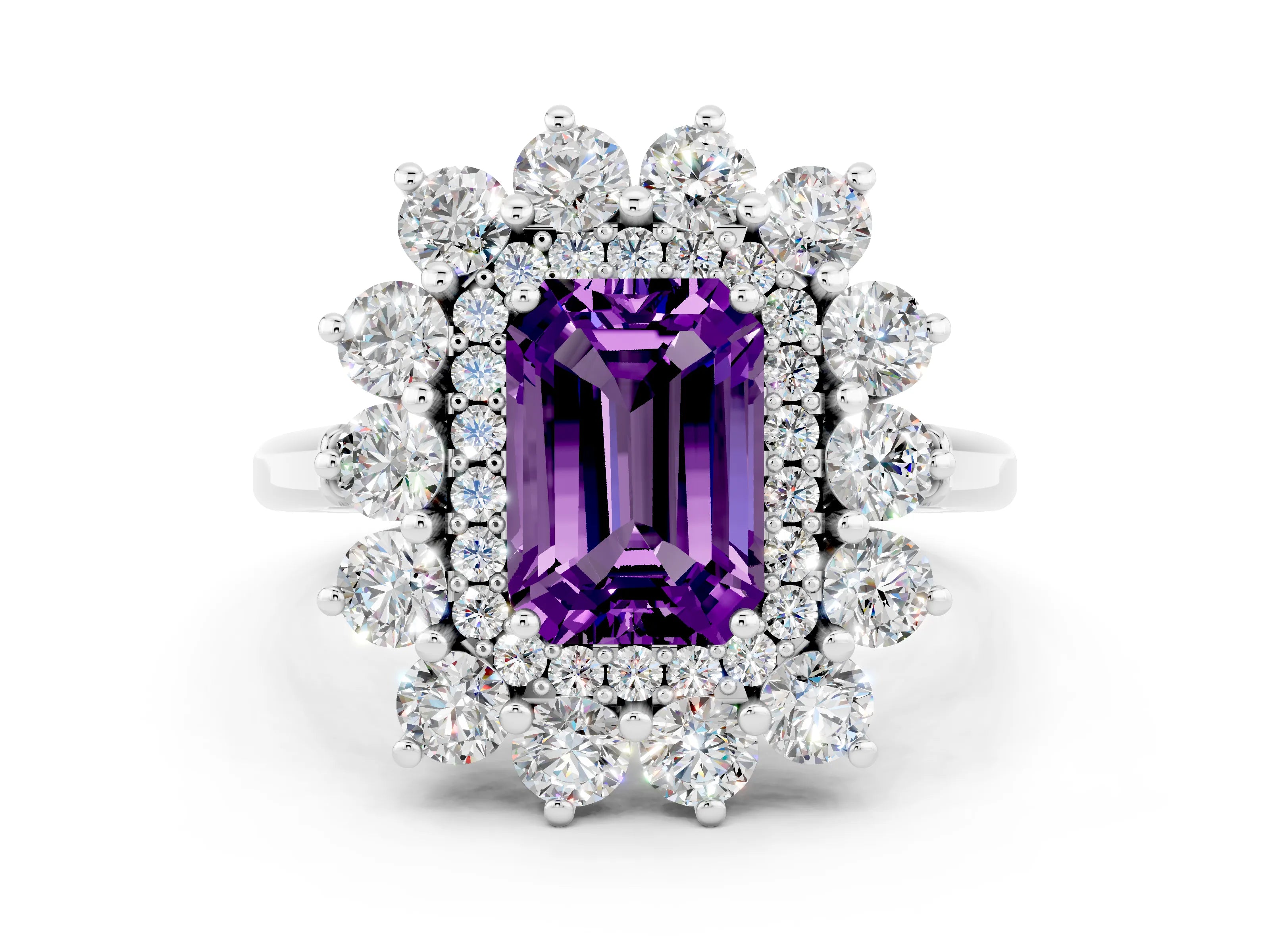 White gold Emerald Cut Halo Cluster Diamond Ring with Pave Band and Four-Prong Setting