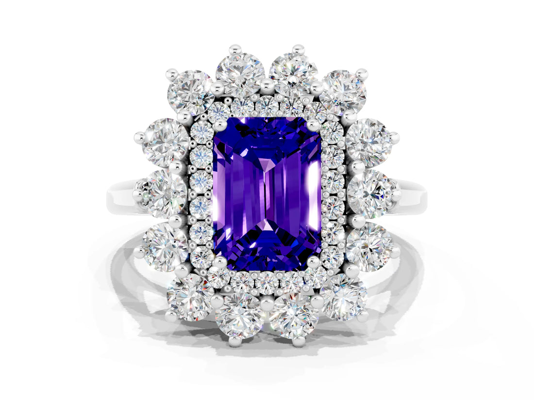White gold Emerald Cut Halo Cluster Diamond Ring with Pave Band and Four-Prong Setting