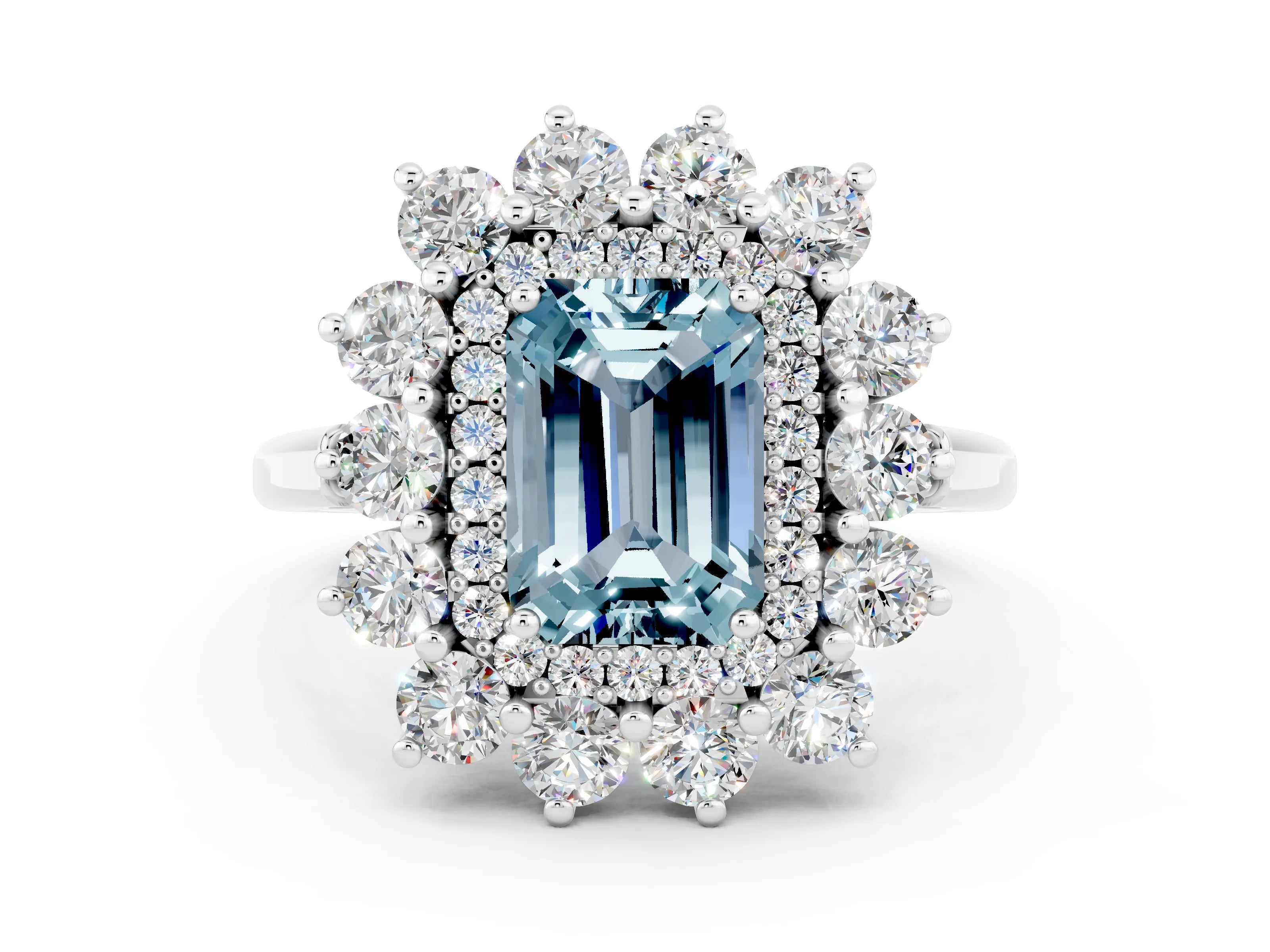 White gold Emerald Cut Halo Cluster Diamond Ring with Pave Band and Four-Prong Setting