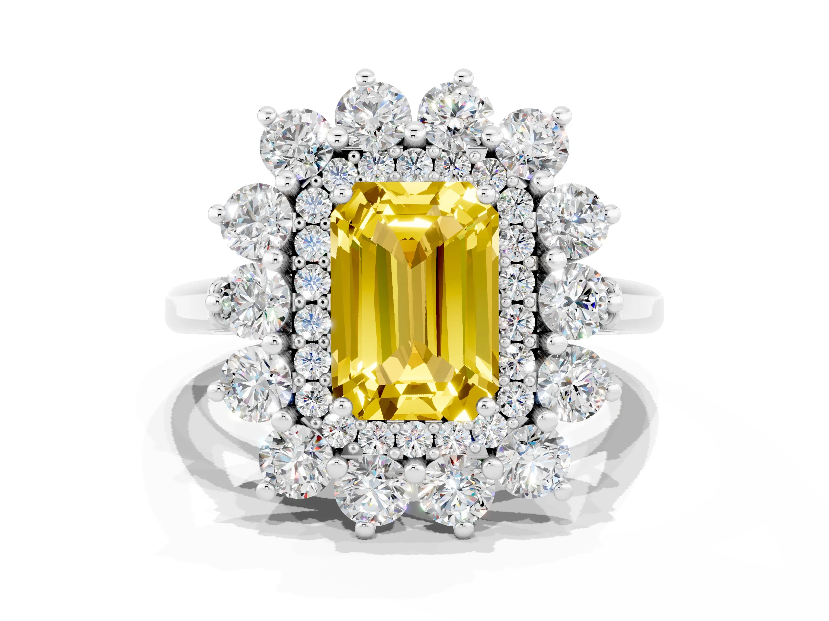 White gold Emerald Cut Halo Cluster Diamond Ring with Pave Band and Four-Prong Setting