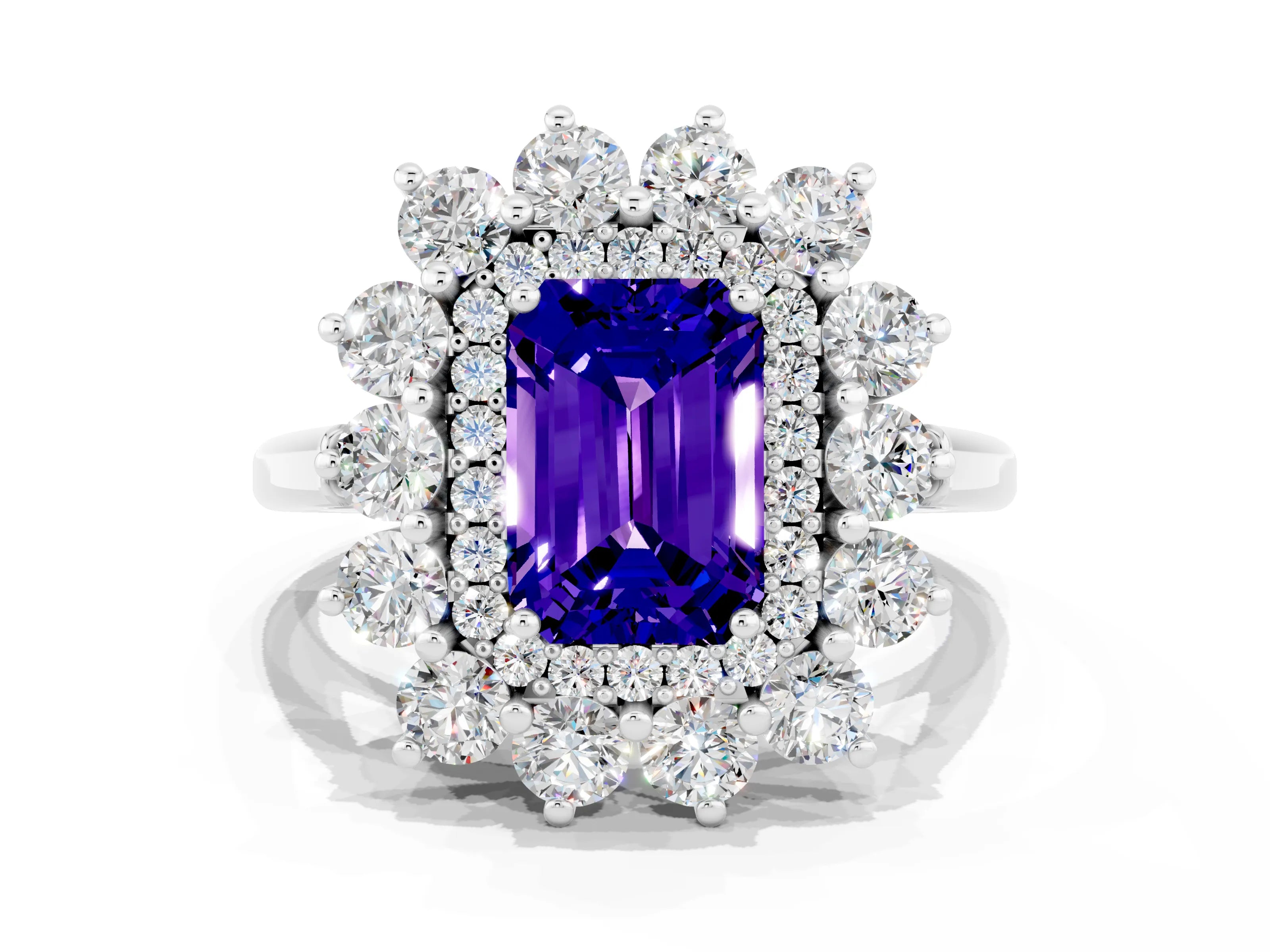 White gold Emerald Cut Halo Cluster Diamond Ring with Pave Band and Four-Prong Setting