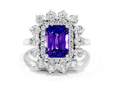 White gold Emerald Cut Halo Cluster Diamond Ring with Pave Band and Four-Prong Setting