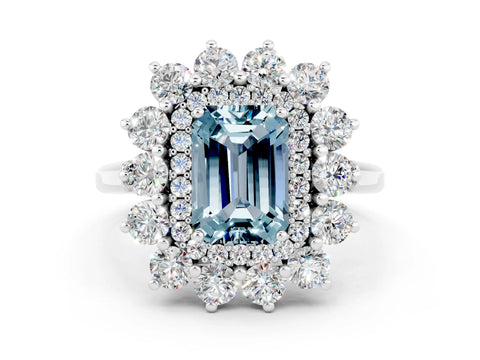 White gold Emerald Cut Halo Cluster Diamond Ring with Pave Band and Four-Prong Setting