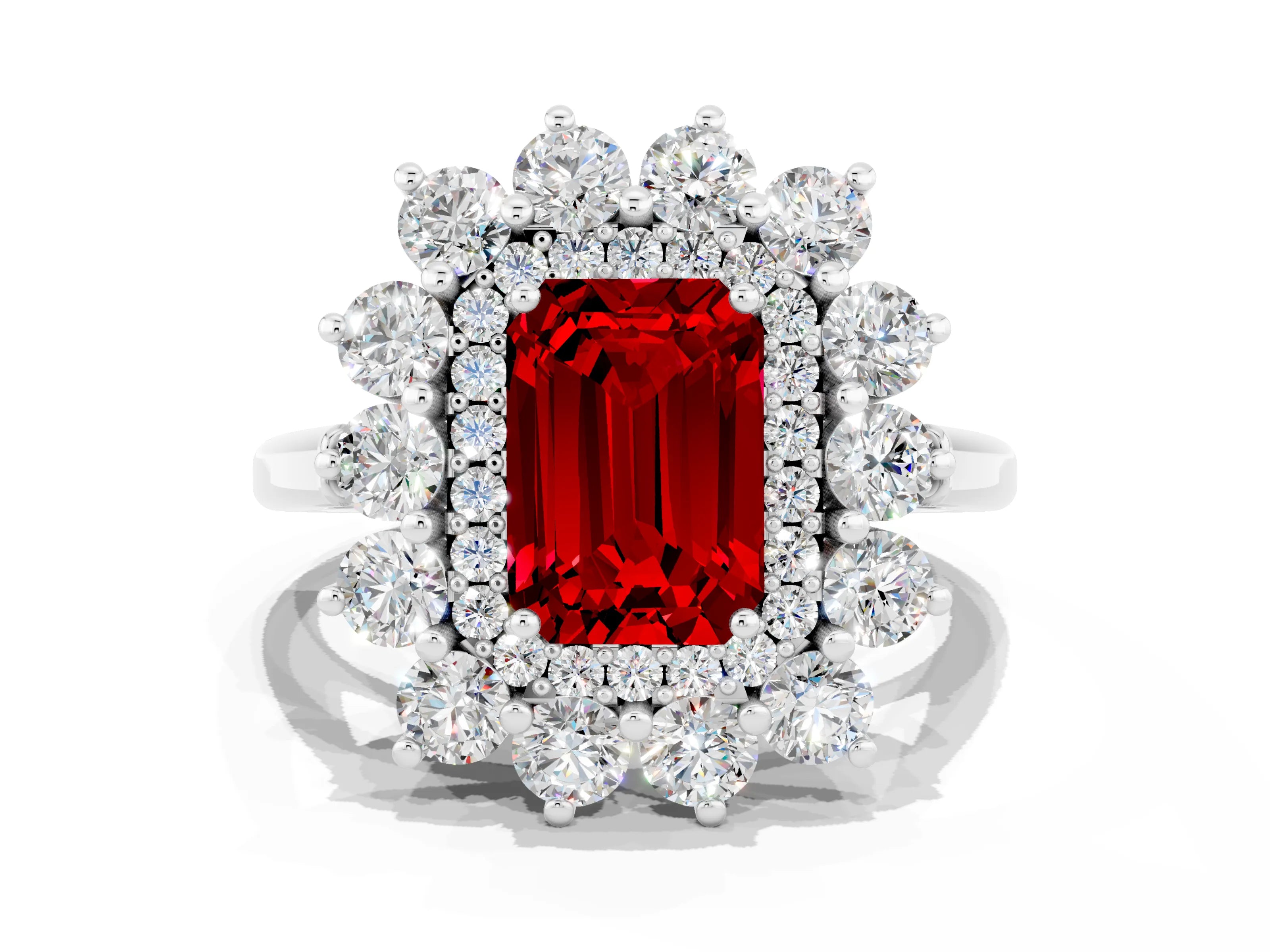 White gold Emerald Cut Halo Cluster Diamond Ring with Pave Band and Four-Prong Setting