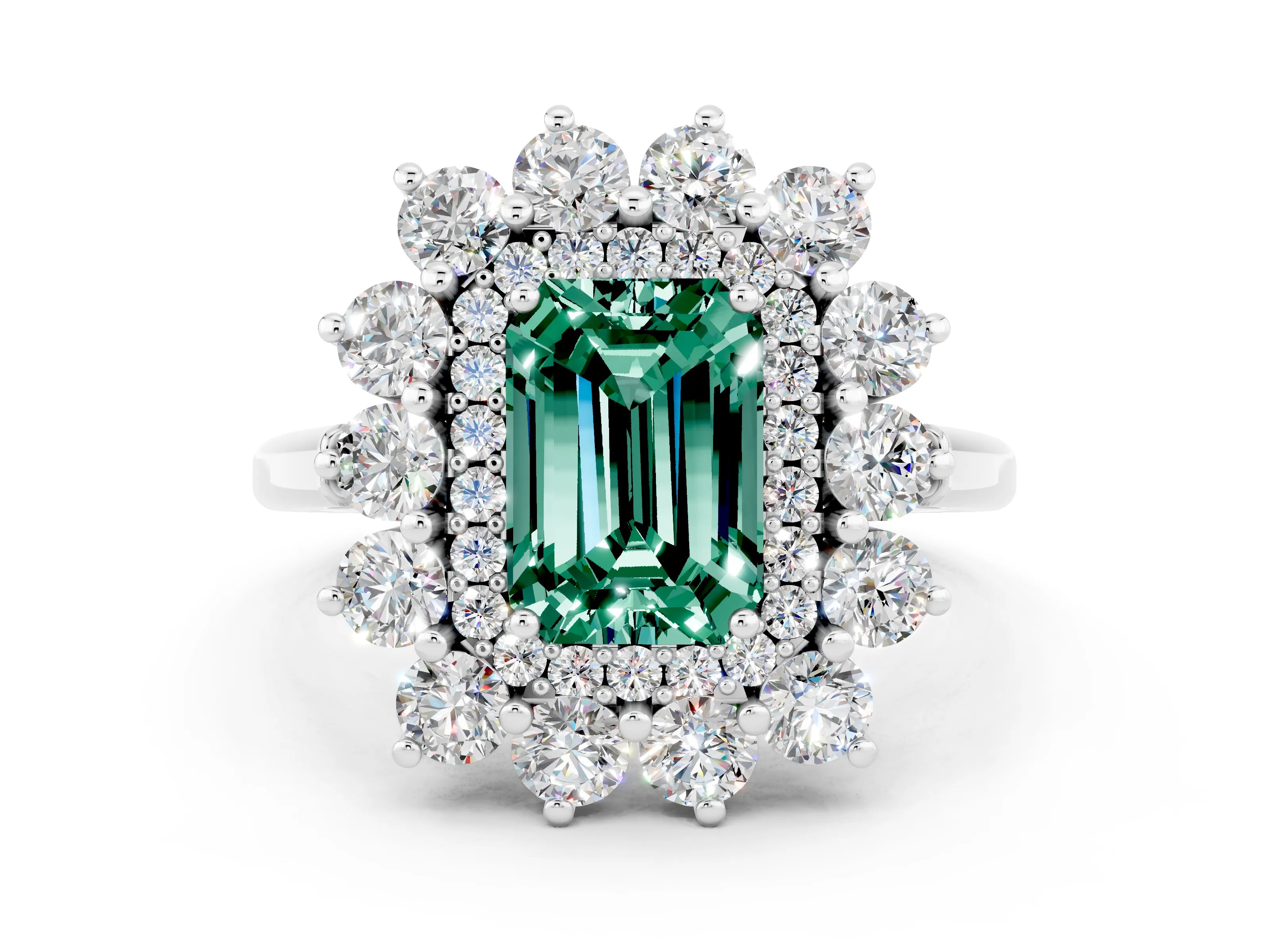 White gold Emerald Cut Halo Cluster Diamond Ring with Pave Band and Four-Prong Setting