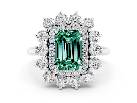 White gold Emerald Cut Halo Cluster Diamond Ring with Pave Band and Four-Prong Setting