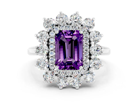 White gold Emerald Cut Halo Cluster Diamond Ring with Pave Band and Four-Prong Setting