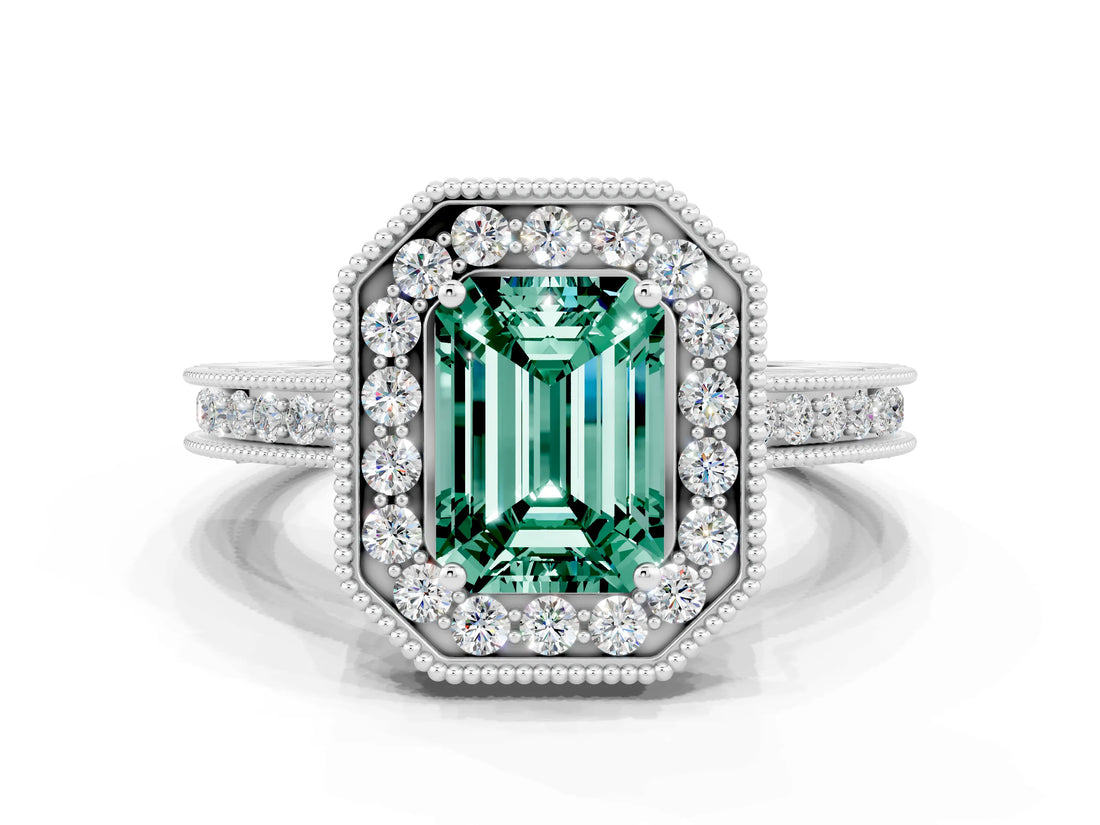 White gold Emerald Cut Halo Diamond Engagement Ring with Milgrain Pave Band and Four-Prong Setting