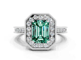 White gold Emerald Cut Halo Diamond Engagement Ring with Milgrain Pave Band and Four-Prong Setting