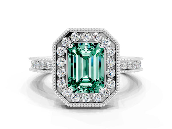 White gold Emerald Cut Halo Diamond Engagement Ring with Milgrain Pave Band and Four-Prong Setting