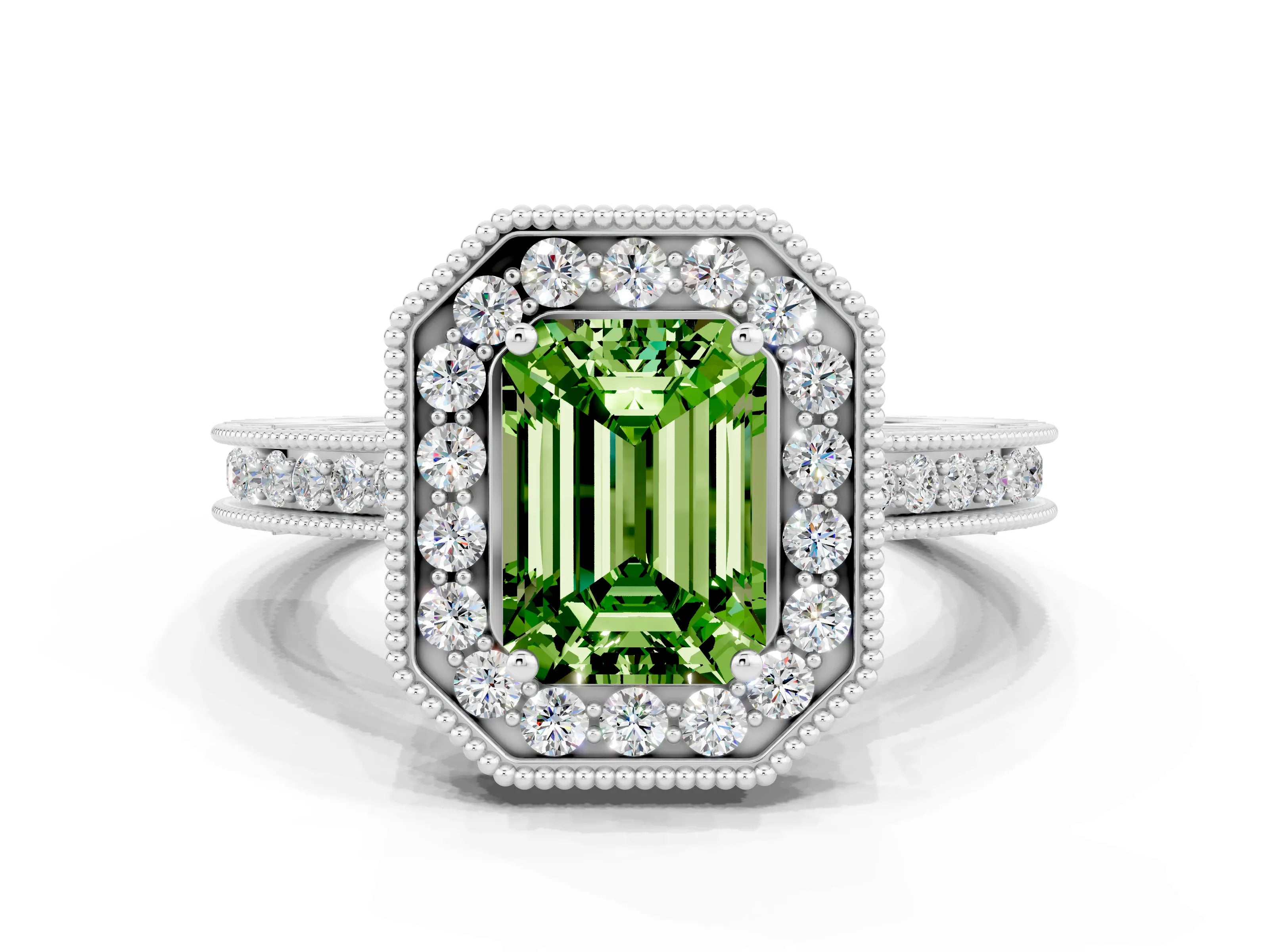 White gold Emerald Cut Halo Diamond Engagement Ring with Milgrain Pave Band and Four-Prong Setting