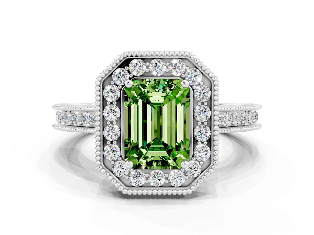 White gold Emerald Cut Halo Diamond Engagement Ring with Milgrain Pave Band and Four-Prong Setting