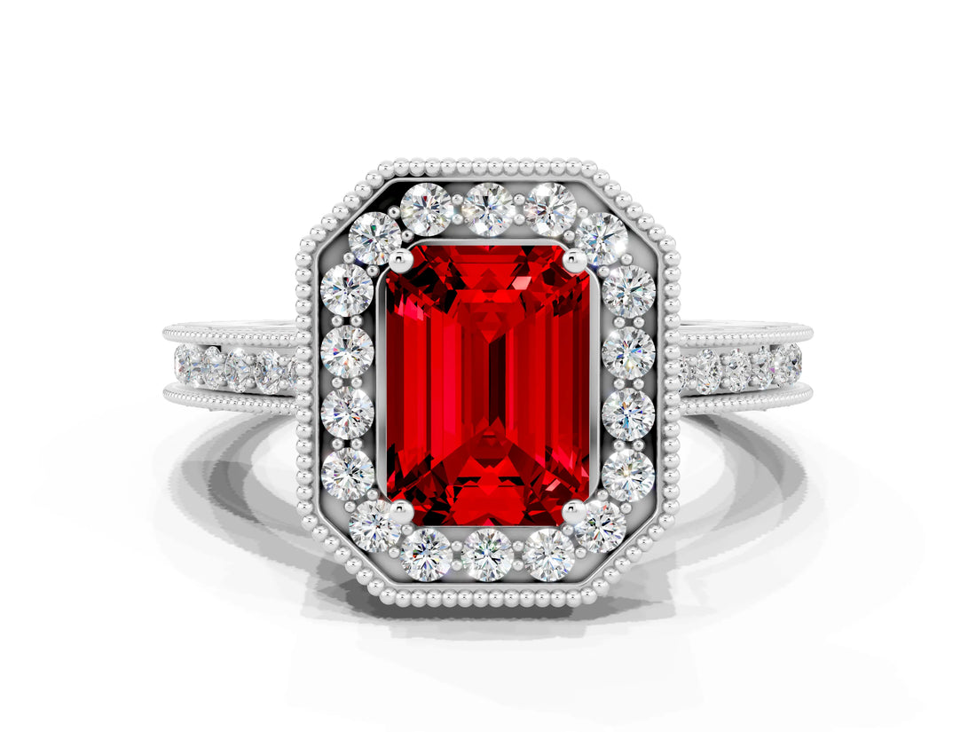 White gold Emerald Cut Halo Diamond Engagement Ring with Milgrain Pave Band and Four-Prong Setting