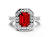 White gold Emerald Cut Halo Diamond Engagement Ring with Milgrain Pave Band and Four-Prong Setting