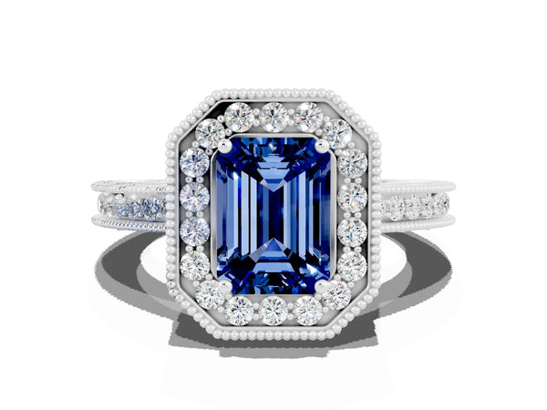 Platinum Emerald Cut Halo Diamond Engagement Ring with Milgrain Pave Band and Four-Prong Setting