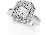 White gold Emerald Cut Halo Diamond Engagement Ring with Milgrain Pave Band and Four-Prong Setting_1