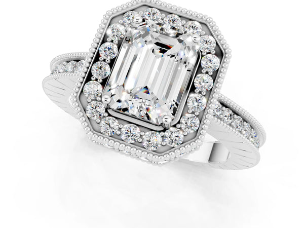 Platinum Emerald Cut Halo Diamond Engagement Ring with Milgrain Pave Band and Four-Prong Setting
