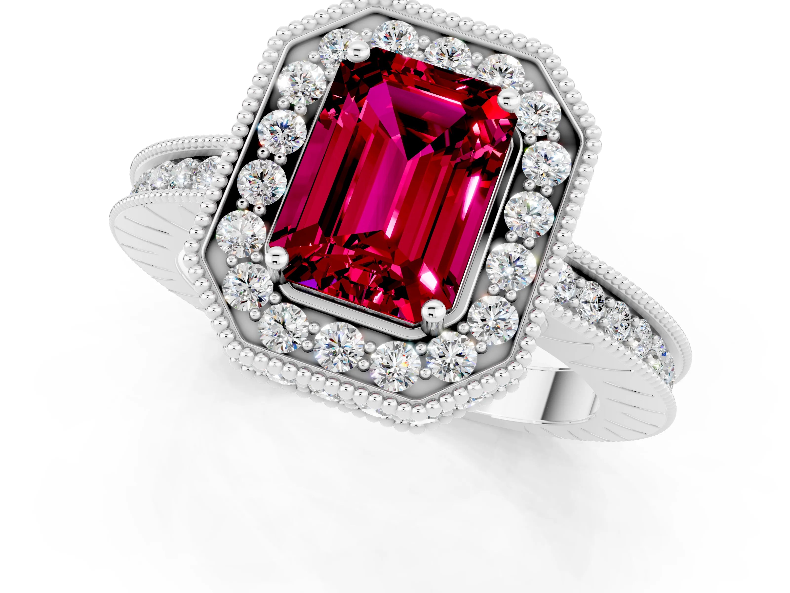 White gold Emerald Cut Halo Diamond Engagement Ring with Milgrain Pave Band and Four-Prong Setting_1