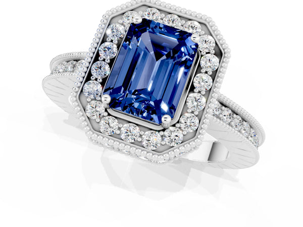Platinum Emerald Cut Halo Diamond Engagement Ring with Milgrain Pave Band and Four-Prong Setting