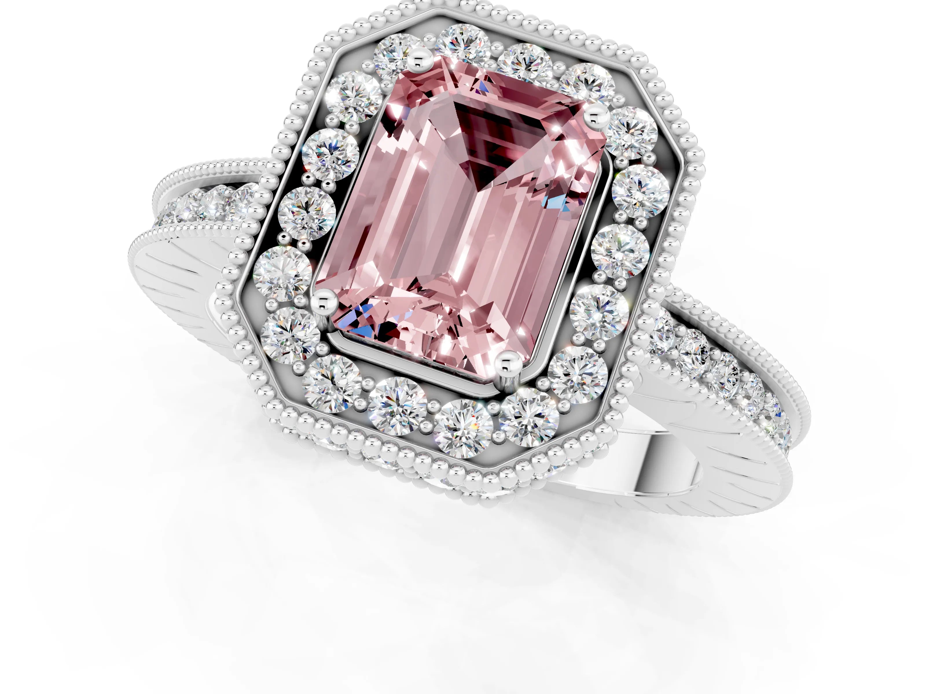 White gold Emerald Cut Halo Diamond Engagement Ring with Milgrain Pave Band and Four-Prong Setting_1