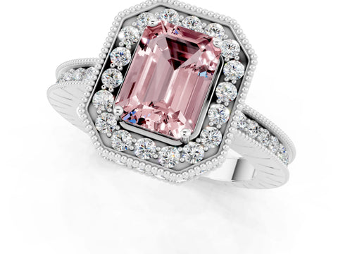 White gold Emerald Cut Halo Diamond Engagement Ring with Milgrain Pave Band and Four-Prong Setting_1