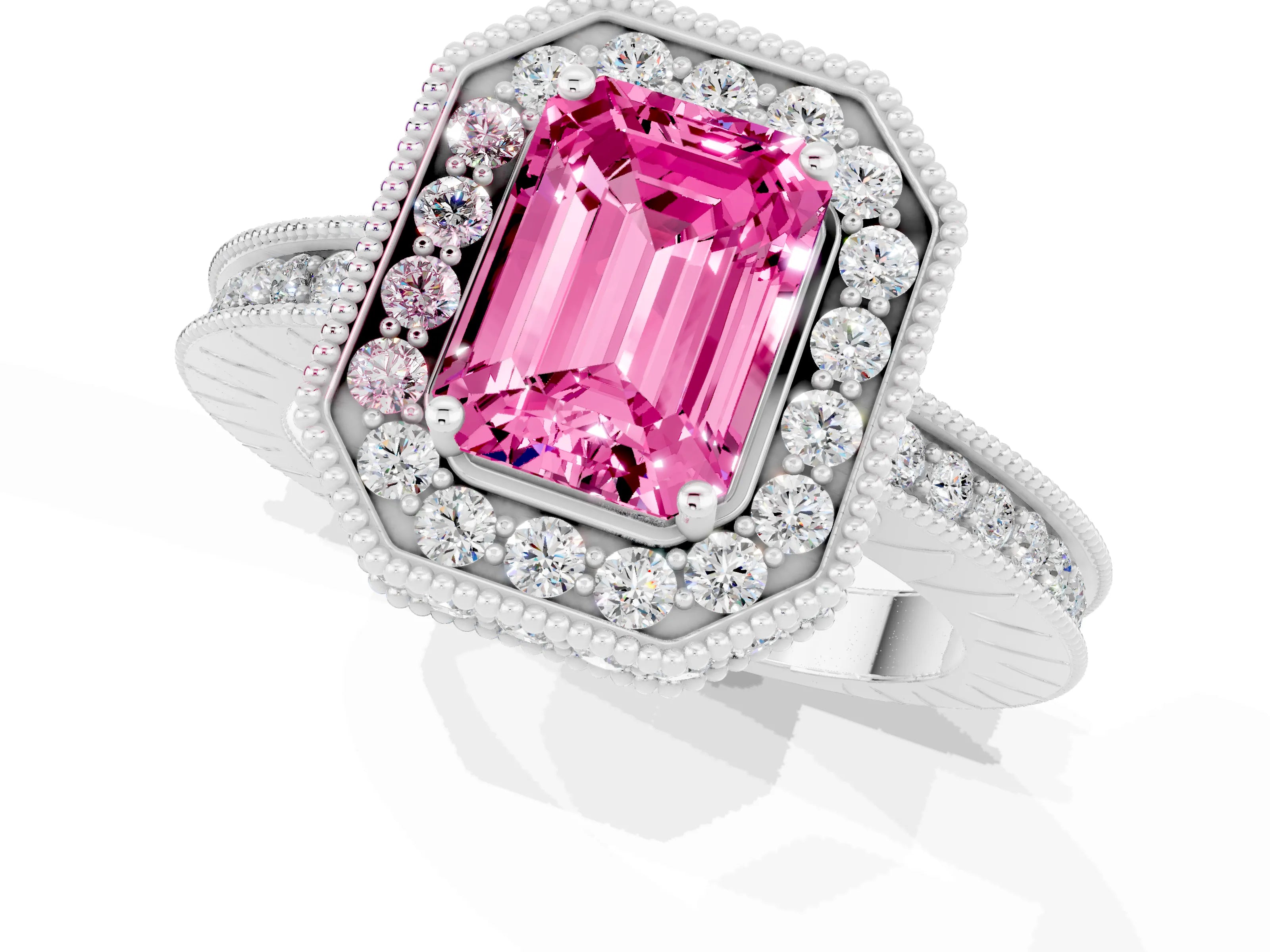 White gold Emerald Cut Halo Diamond Engagement Ring with Milgrain Pave Band and Four-Prong Setting_1