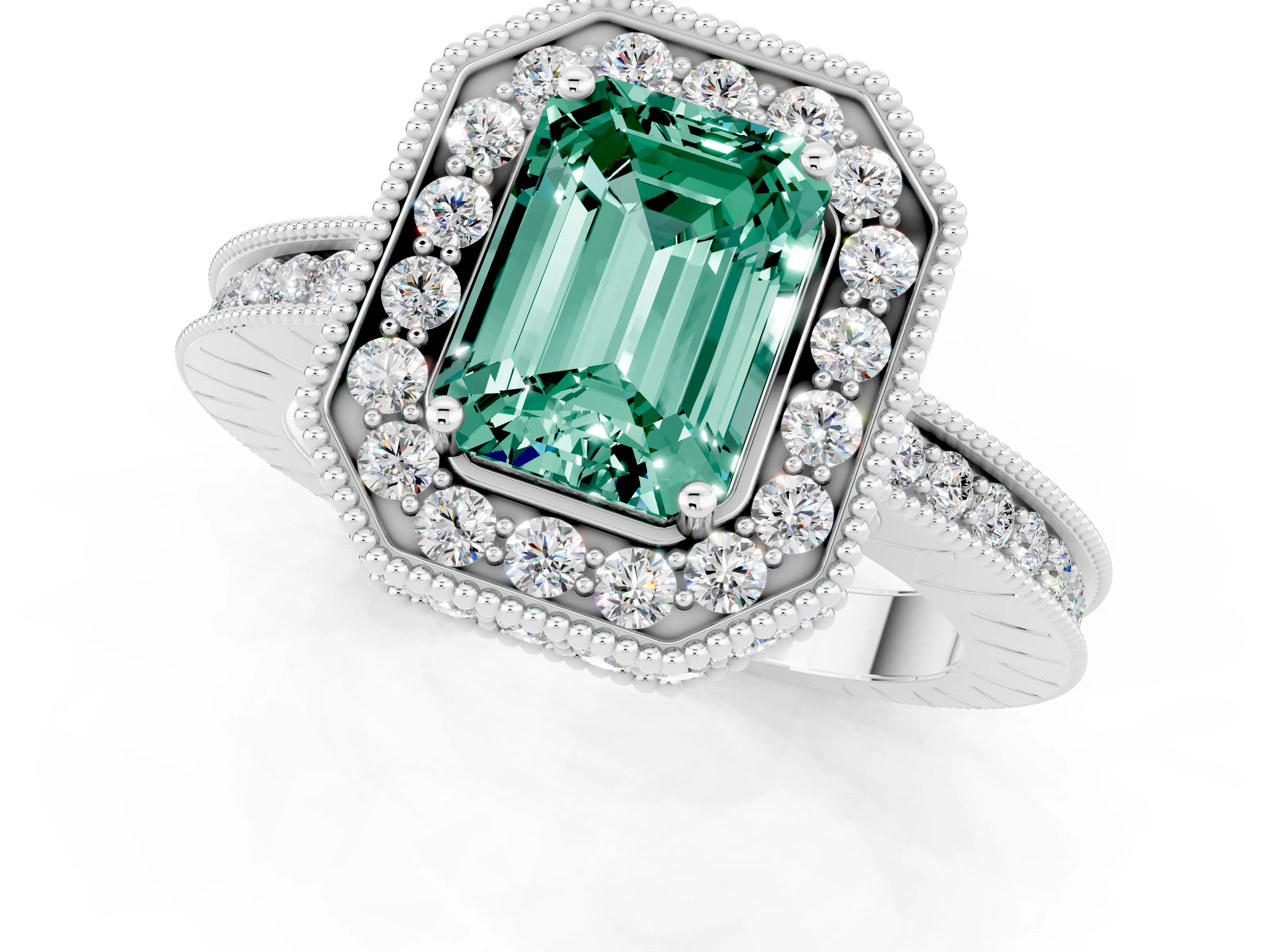 White gold Emerald Cut Halo Diamond Engagement Ring with Milgrain Pave Band and Four-Prong Setting_1