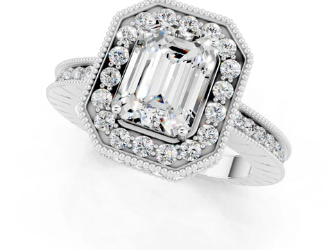White gold Emerald Cut Halo Diamond Engagement Ring with Milgrain Pave Band and Four-Prong Setting_1
