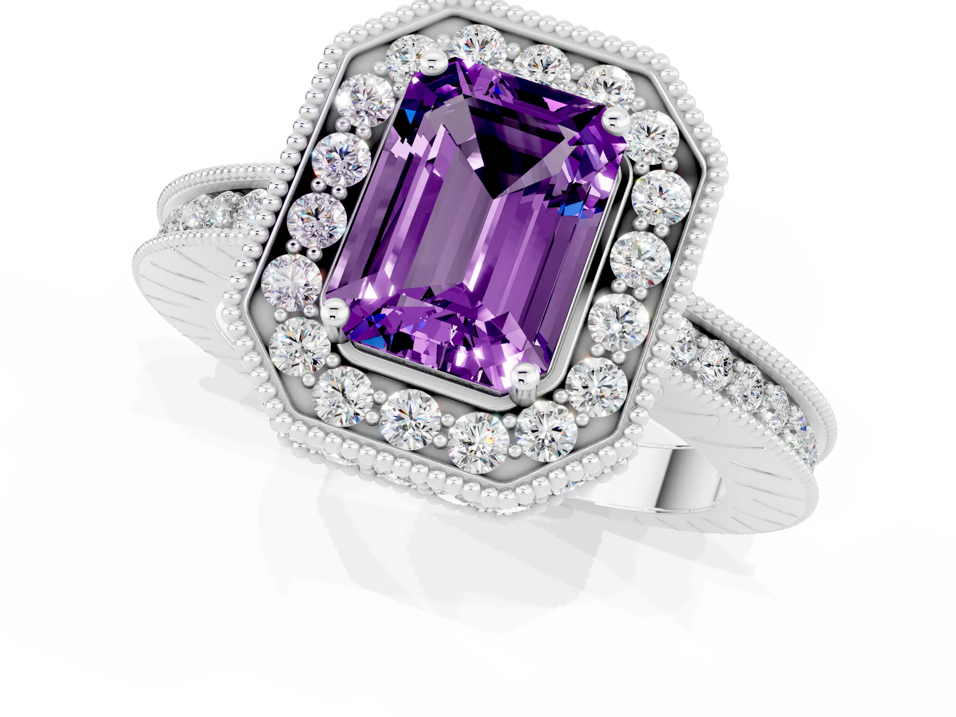 White gold Emerald Cut Halo Diamond Engagement Ring with Milgrain Pave Band and Four-Prong Setting_1