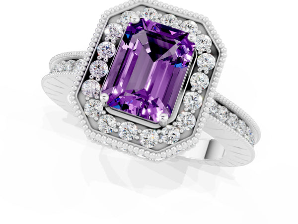 Platinum Emerald Cut Amethyst Milgrain Halo Engagement Ring with Round Pavé Band and Prong Setting