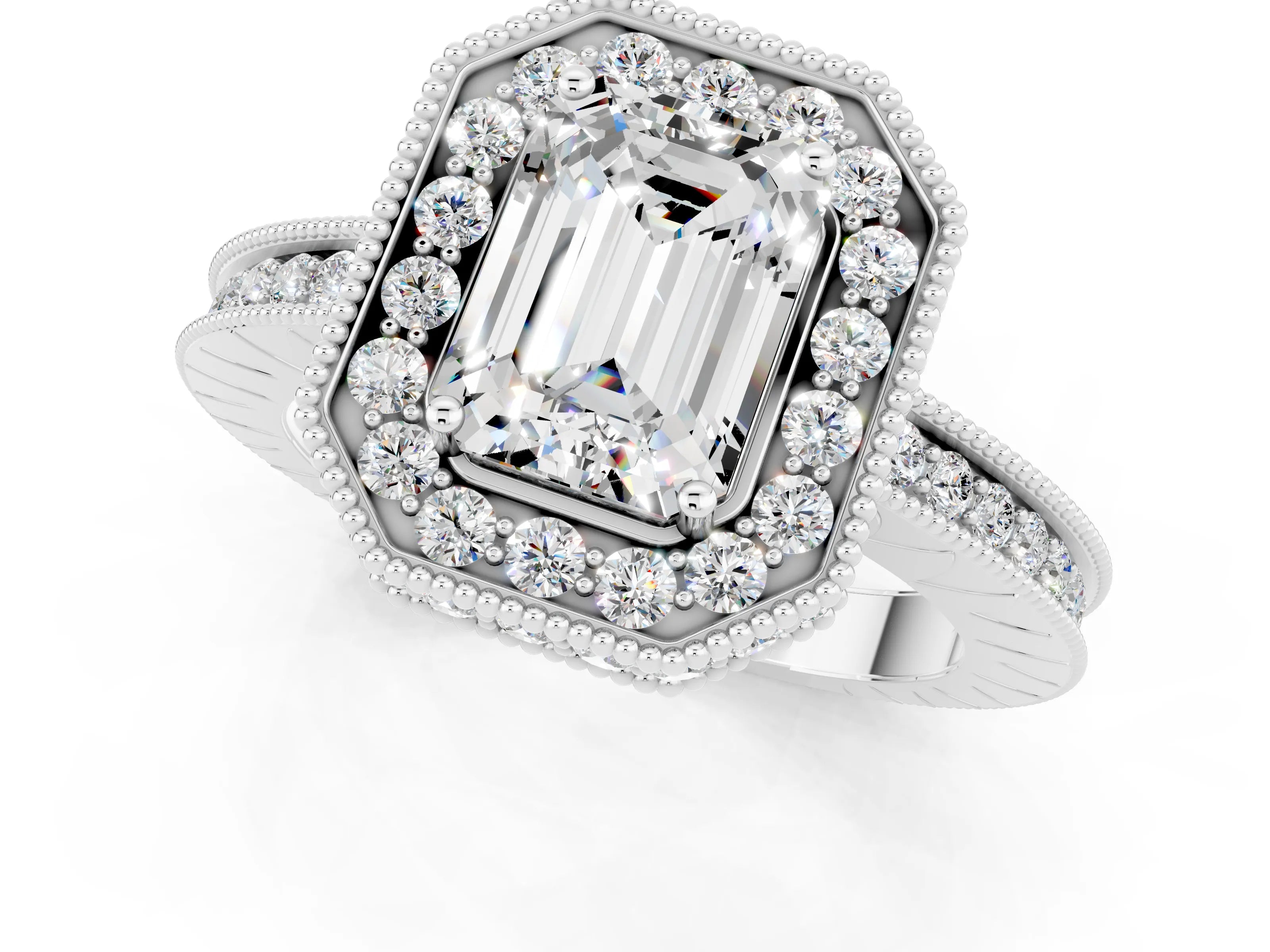 White gold Emerald Cut Halo Diamond Engagement Ring with Milgrain Pave Band and Four-Prong Setting_1