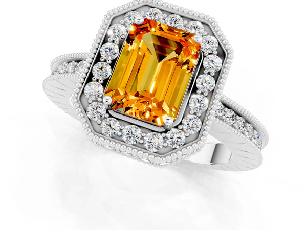 Platinum Emerald Cut Halo Diamond Engagement Ring with Milgrain Pave Band and Four-Prong Setting