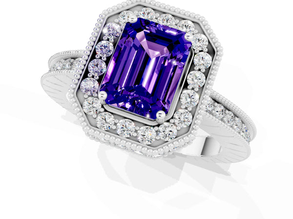White gold Emerald Cut Halo Diamond Engagement Ring with Milgrain Pave Band and Four-Prong Setting