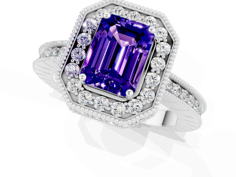 White gold Emerald Cut Halo Diamond Engagement Ring with Milgrain Pave Band and Four-Prong Setting_1
