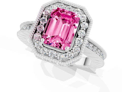 White gold Emerald Cut Halo Diamond Engagement Ring with Milgrain Pave Band and Four-Prong Setting_1