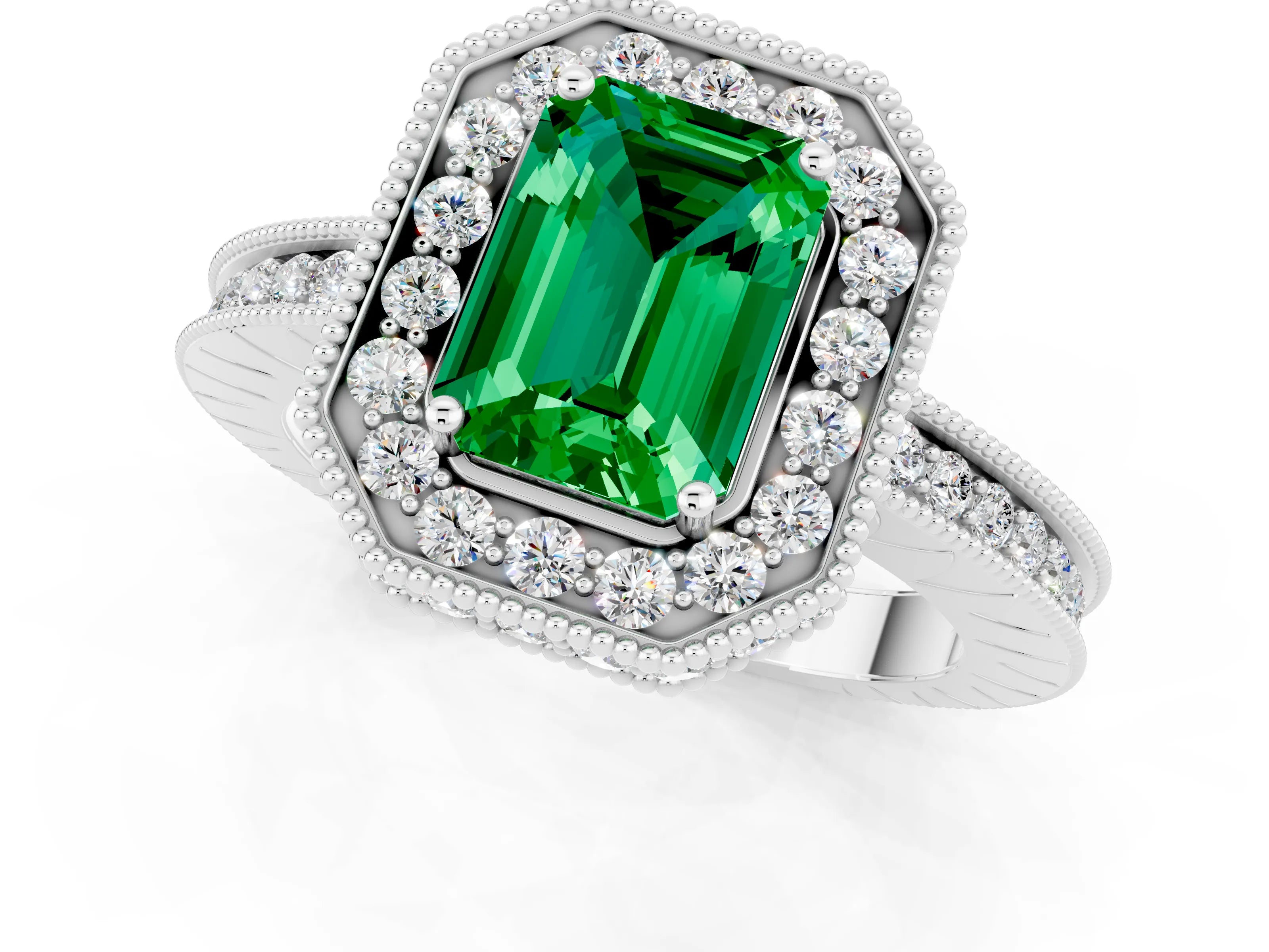 White gold Emerald Cut Halo Diamond Engagement Ring with Milgrain Pave Band and Four-Prong Setting_1
