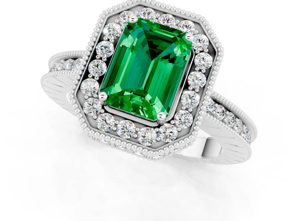 White gold Emerald Cut Halo Diamond Engagement Ring with Milgrain Pave Band and Four-Prong Setting