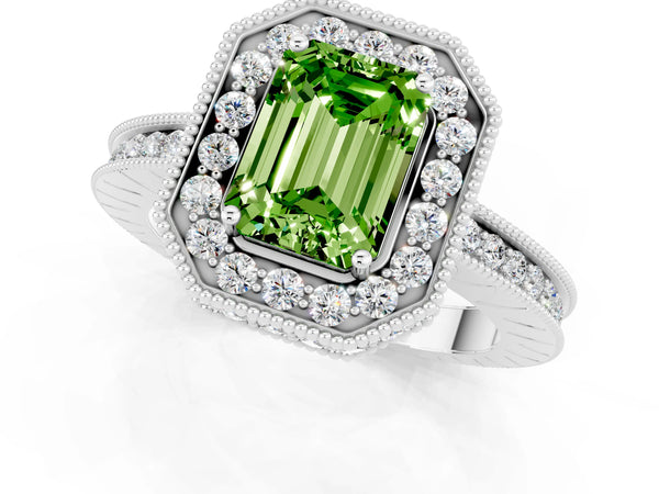 Platinum Emerald Cut Halo Diamond Engagement Ring with Milgrain Pave Band and Four-Prong Setting