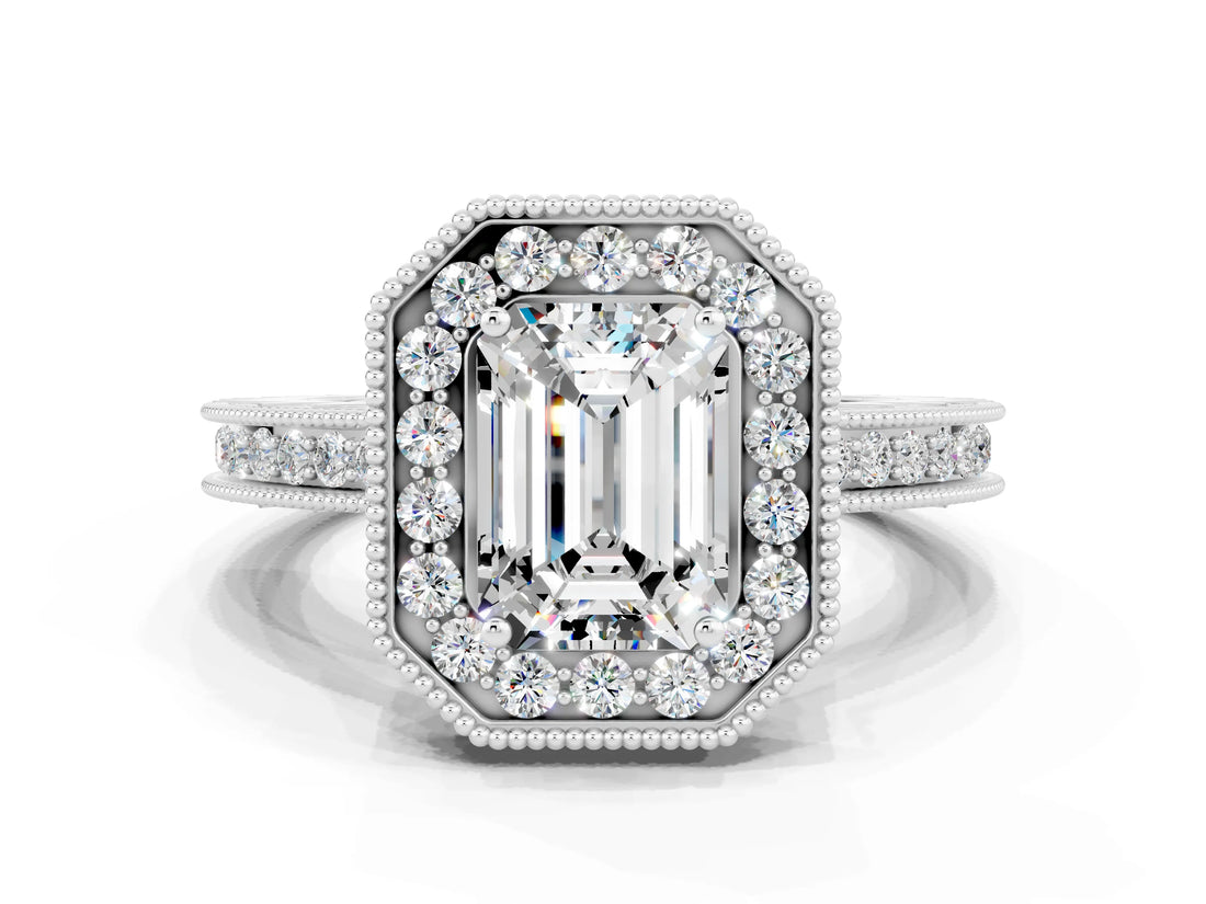 White gold Emerald Cut Halo Diamond Engagement Ring with Milgrain Pave Band and Four-Prong Setting