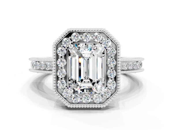 Platinum Emerald Cut Halo Diamond Engagement Ring with Milgrain Pave Band and Four-Prong Setting