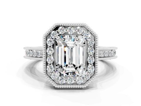 White gold Emerald Cut Halo Diamond Engagement Ring with Milgrain Pave Band and Four-Prong Setting